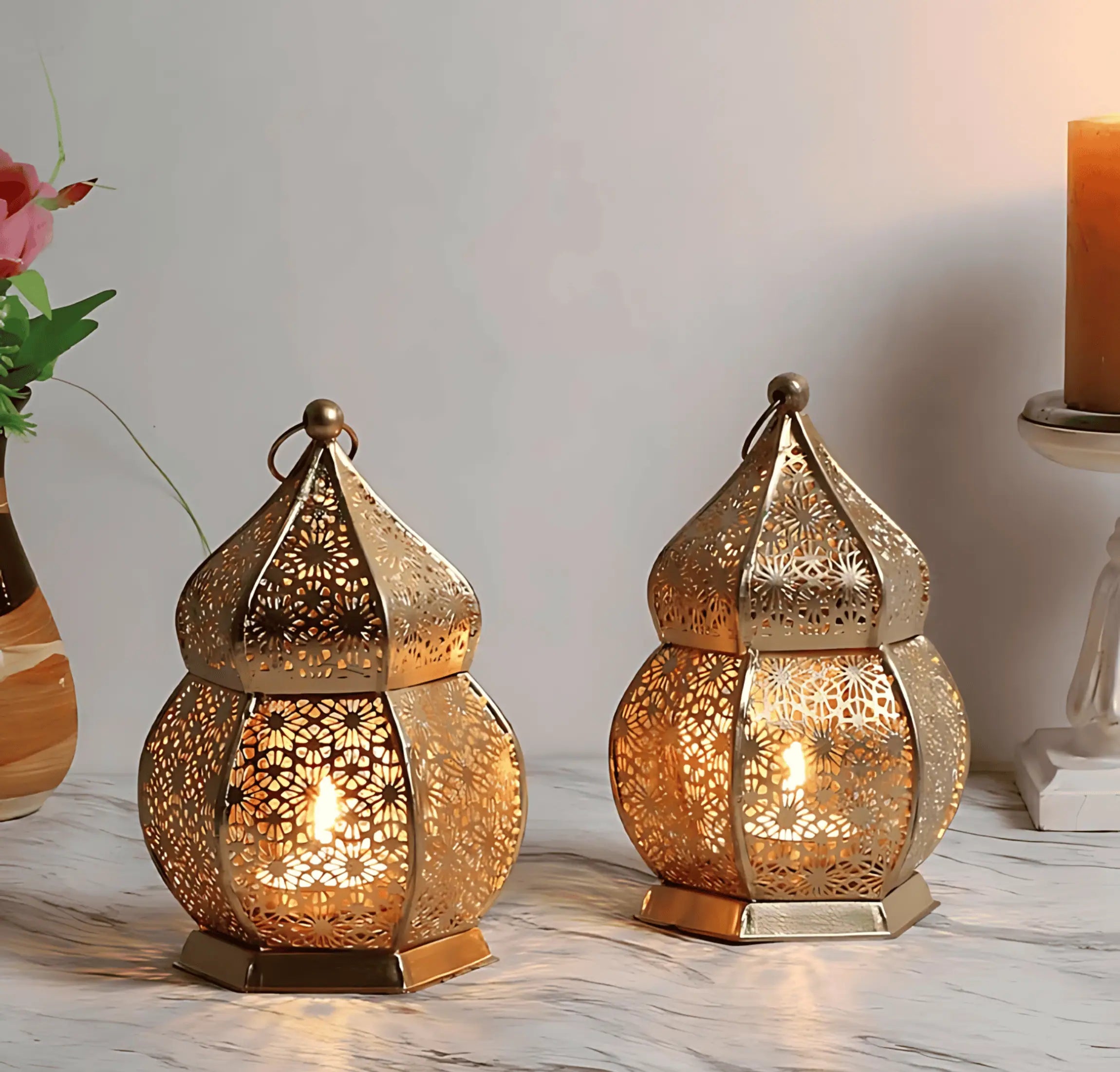 Mini Gold Tealight Candle Holder Lantern For Home Decoration (Pack of 2)