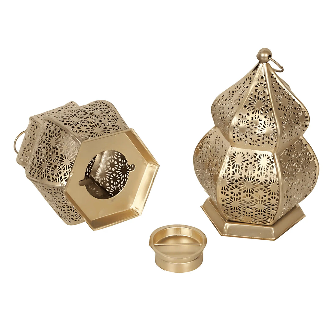 Mini Gold Tealight Candle Holder Lantern For Home Decoration (Pack of 2)