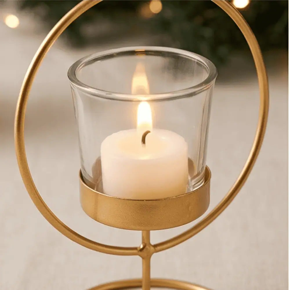 Christmas tealight candle holder stand in golden finish, elegant iron candle holder for Christmas home decor, festive table decoration, votive candle holder, tealight holder for dining table, mantelpiece and centerpiece, lightweight durable decorative candle stand, 5 x 5 x 6 inch golden Christmas candle holder
