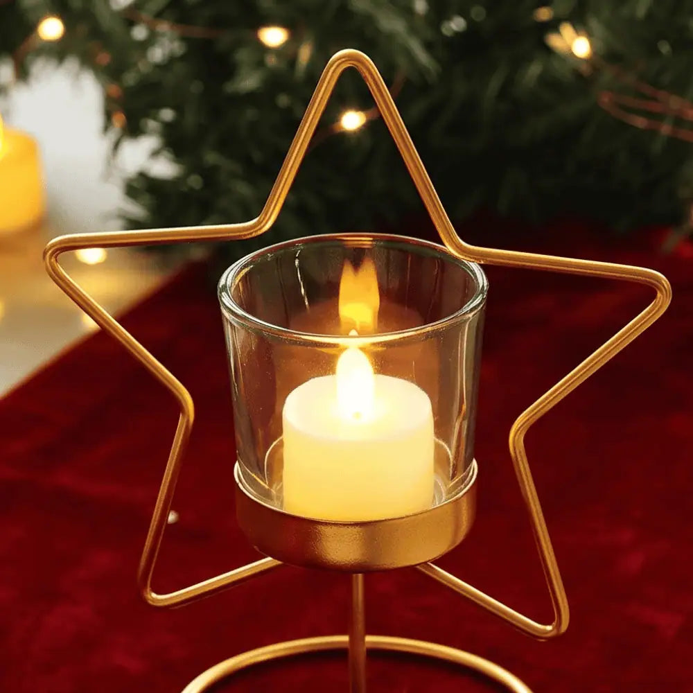 Christmas tealight candle holder stand in golden finish, elegant iron candle holder for Christmas home decor, festive table decoration, votive candle holder, tealight holder for dining table, mantelpiece and centerpiece, lightweight durable decorative candle stand, 5 x 5 x 6 inch golden Christmas candle holder
