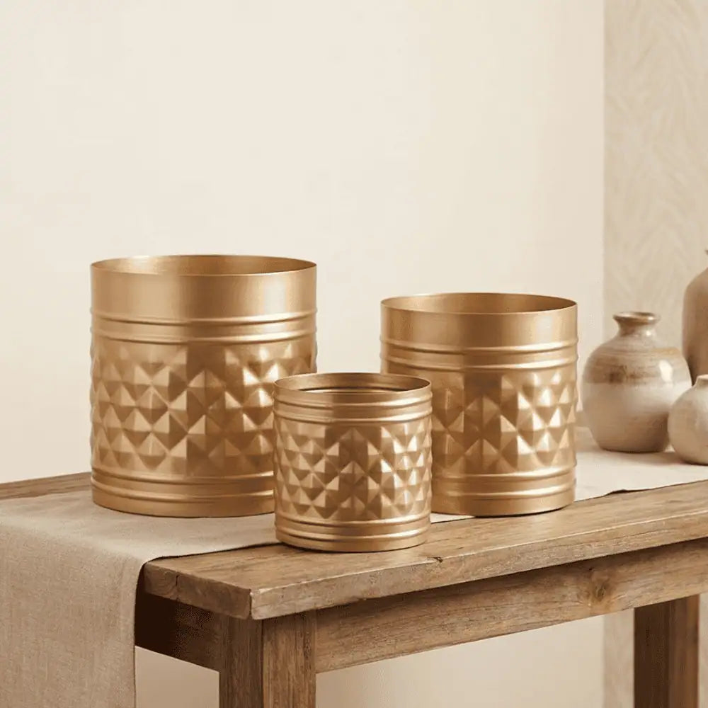 Textured Golden Metal Planter Set of 3 for Home & Indoor Decor