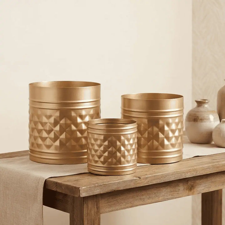 Textured Golden Metal Planter Set of 3 for Home & Indoor Decor