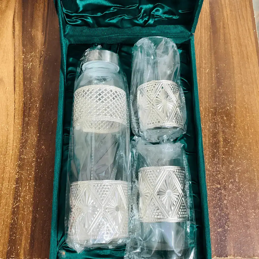 Luxury Silver Moroccan Glass Bottle & Tumbler Set with Velvet Gift Box Mall on Moon