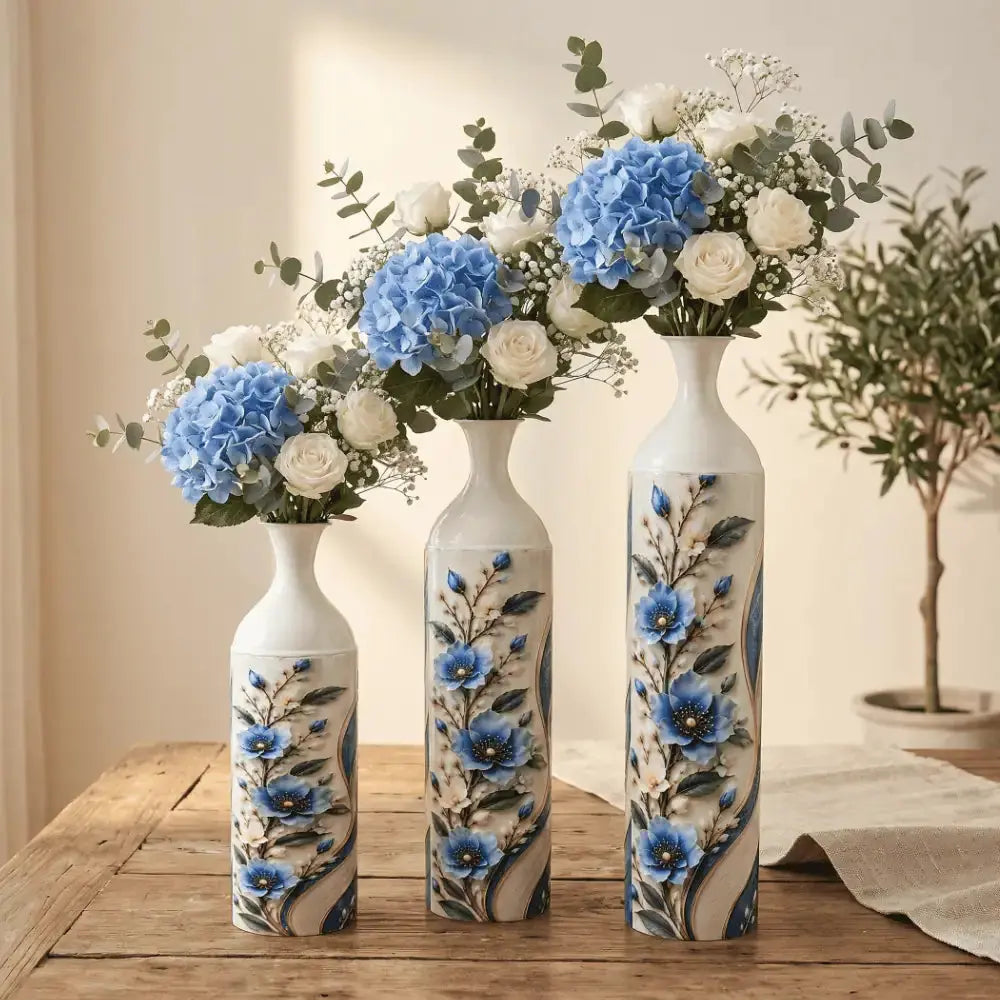 Blue Floral Decorative Flower Vase Set of 3 for Home Decor Mall on Moon