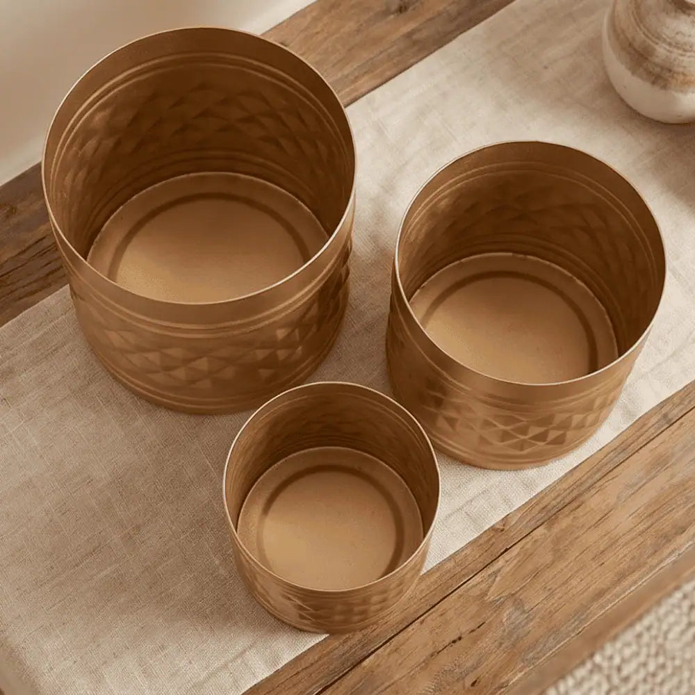 Textured Golden Metal Planter Set of 3 for Home & Indoor Decor