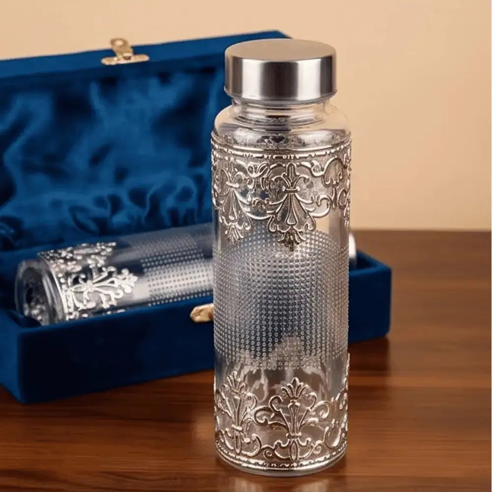 Luxury Silver Embellished Glass Water Bottle with Velvet Gift Box Mall on Moon