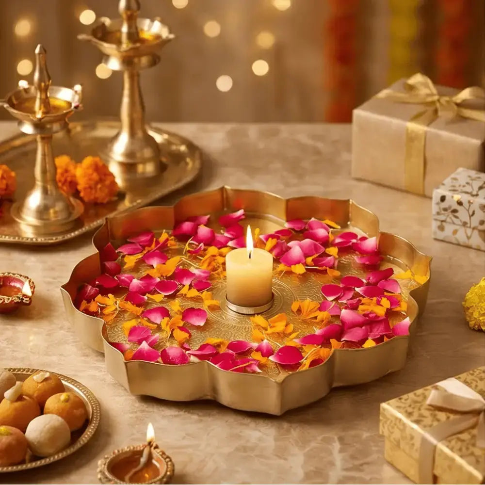 Golden Flower Shaped Urli Tray for Diwali & Festive Home Decor Mall on Moon