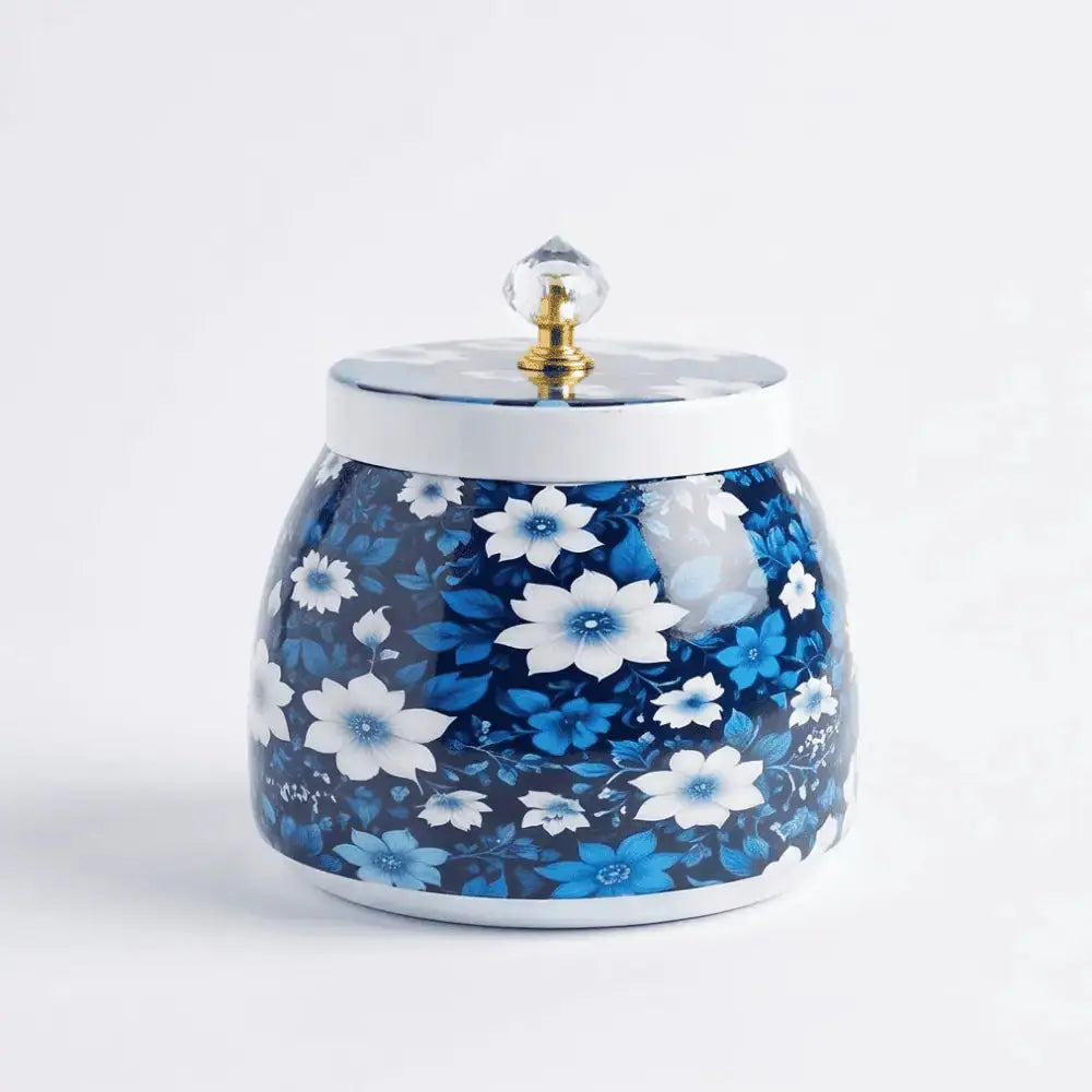Blue Floral Decorative Storage Jar with Lid for Home Decor Mall on Moon