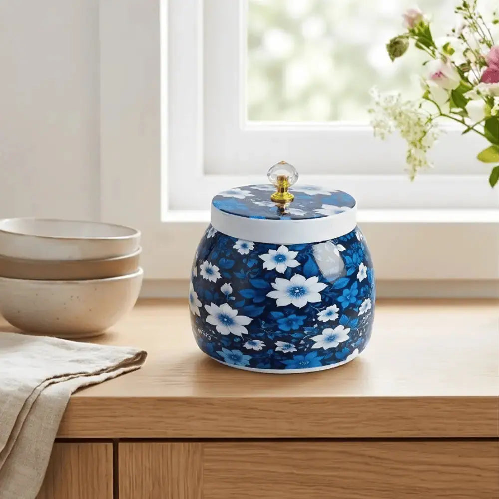 Blue Floral Decorative Storage Jar with Lid for Home Decor Mall on Moon
