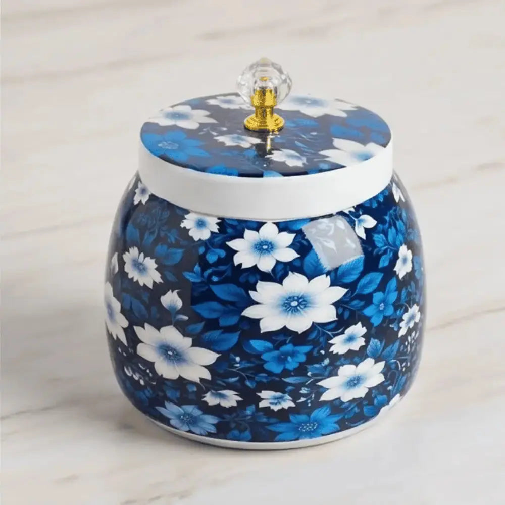 Blue Floral Decorative Storage Jar with Lid for Home Decor Mall on Moon