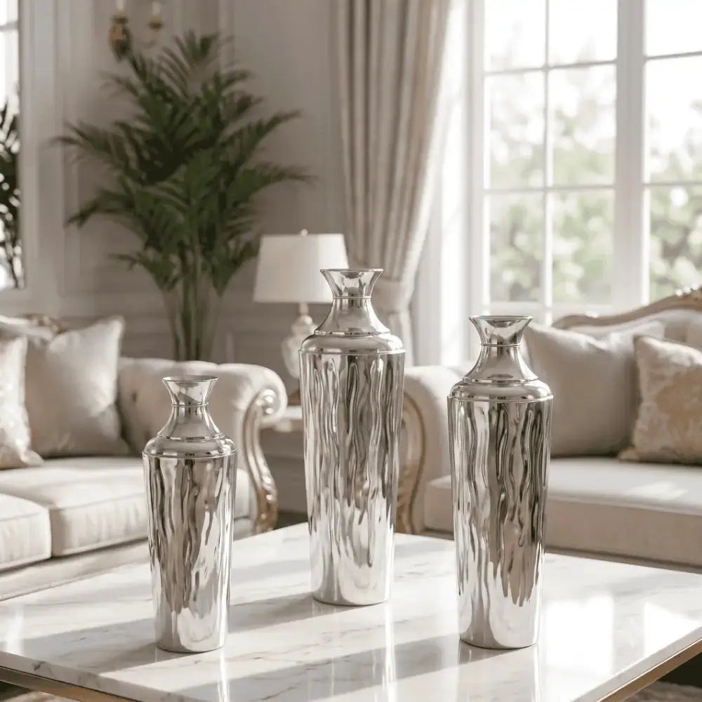 Silver Metallic Decorative Flower Vase Set of 3 Mall on Moon