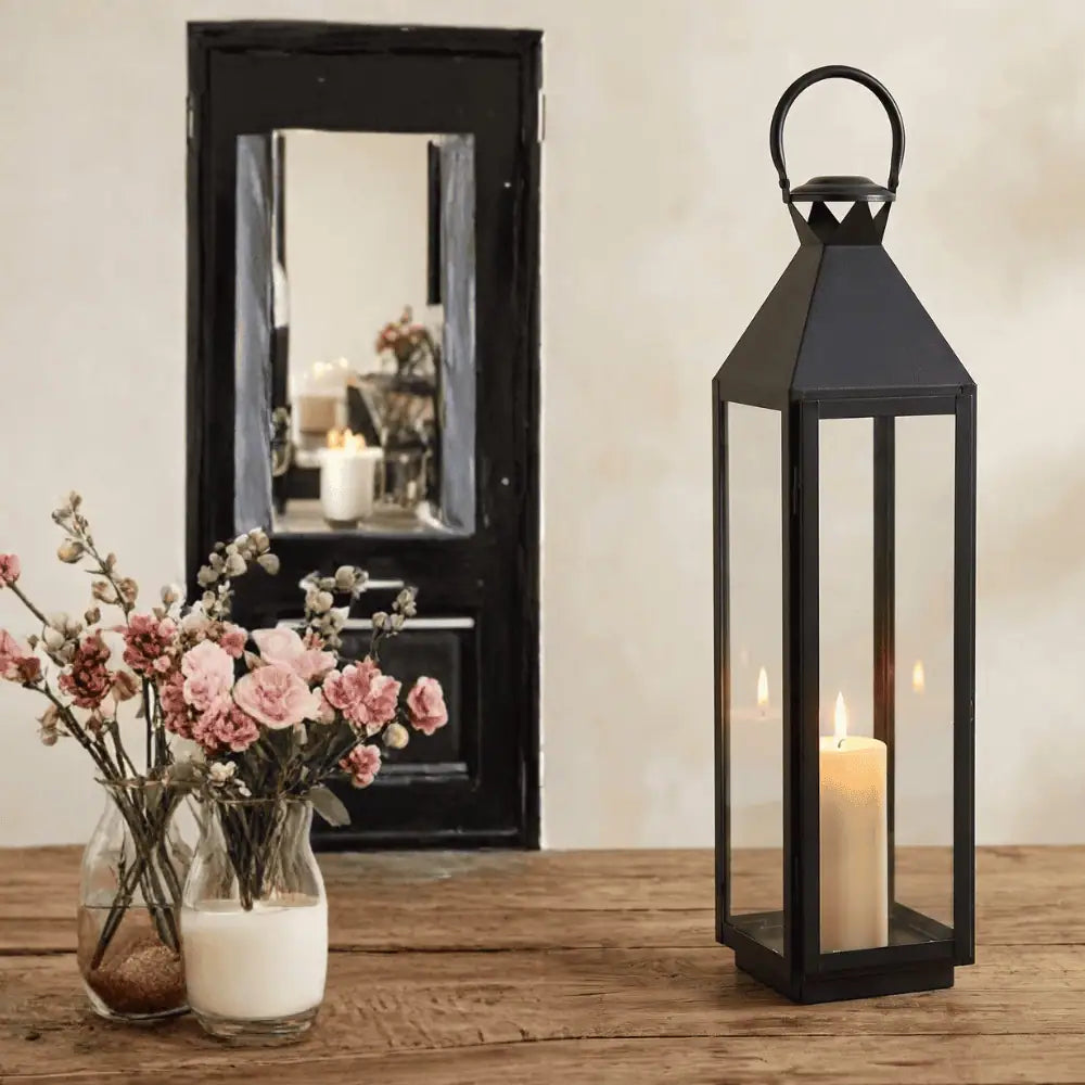 Noir Grande Black Glass Metal Lantern
