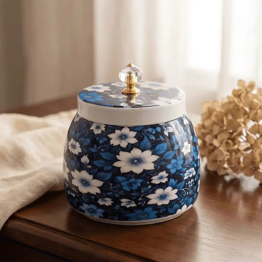 Blue Floral Decorative Storage Jar with Lid for Home Decor Mall on Moon