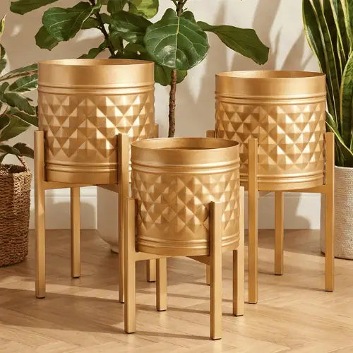 Geometric Metal Planter Set of 3 with 10 Inch Stands