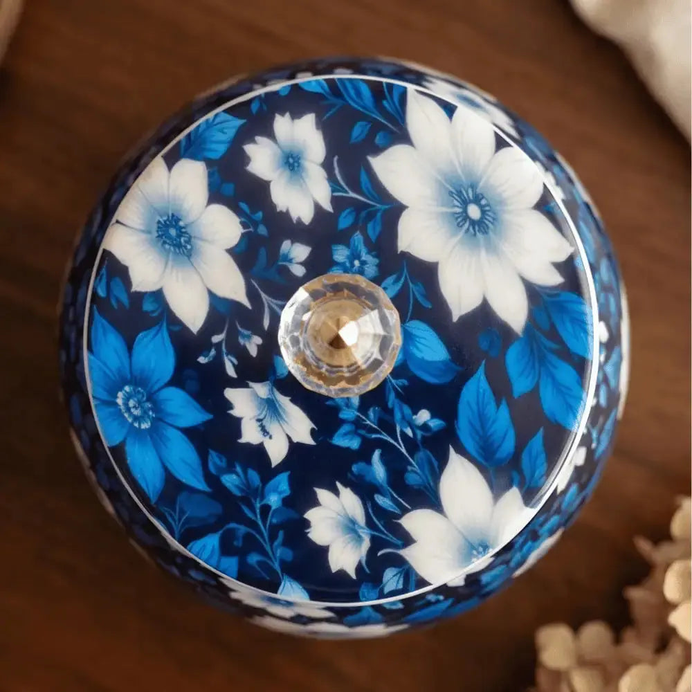 Blue Floral Decorative Storage Jar with Lid for Home Decor Mall on Moon