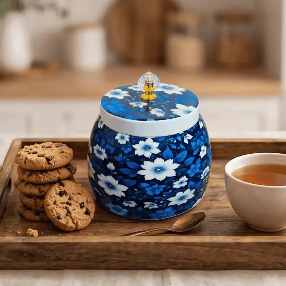 Blue Floral Decorative Storage Jar with Lid for Home Decor Mall on Moon