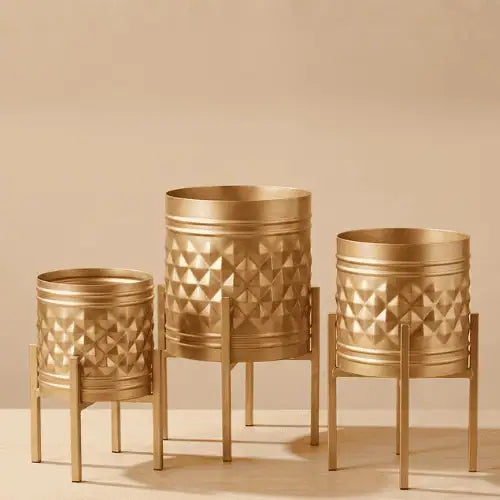Geometric Metal Planter Set of 3 with 10 Inch Stands
