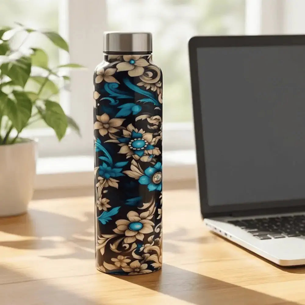1 Litre Stainless Steel Floral Water Bottle with Enamel Print Mall on Moon