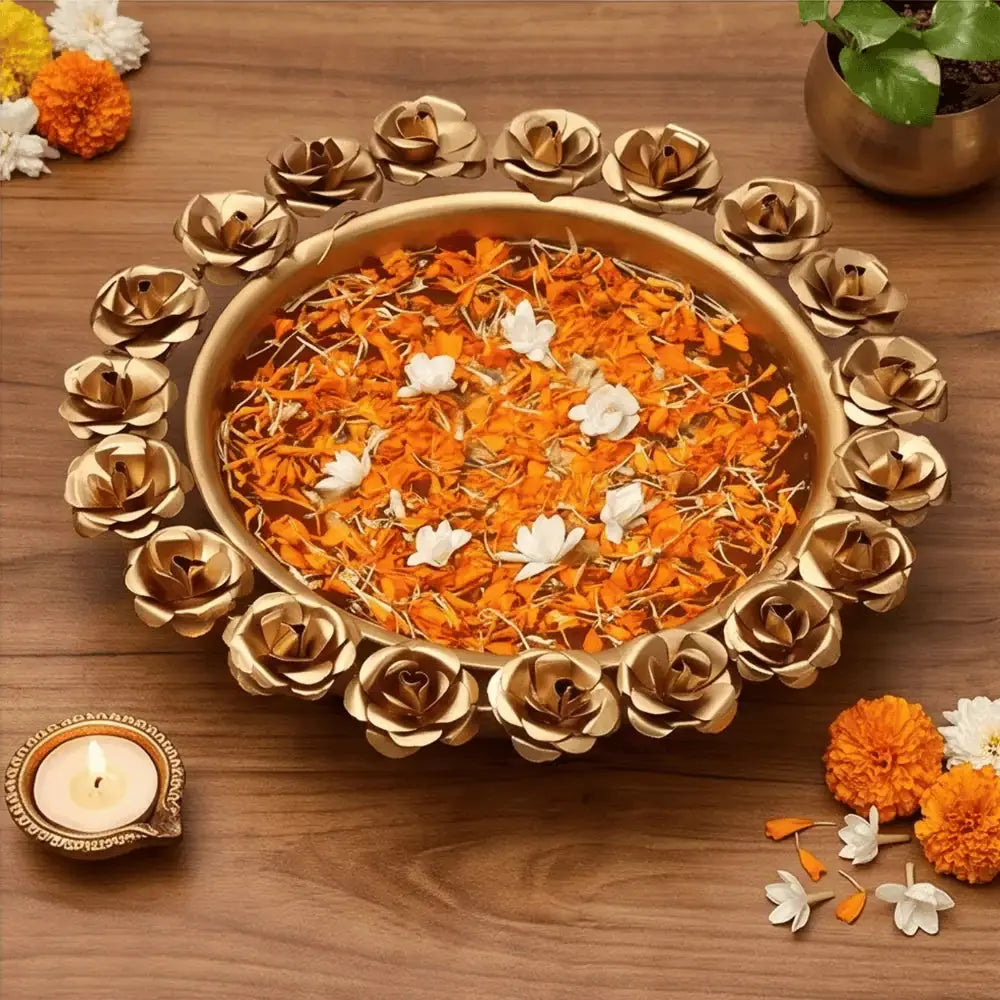 Rose Metal Decorative Urli Bowl for Flowers & Floating Diyas Mall on Moon