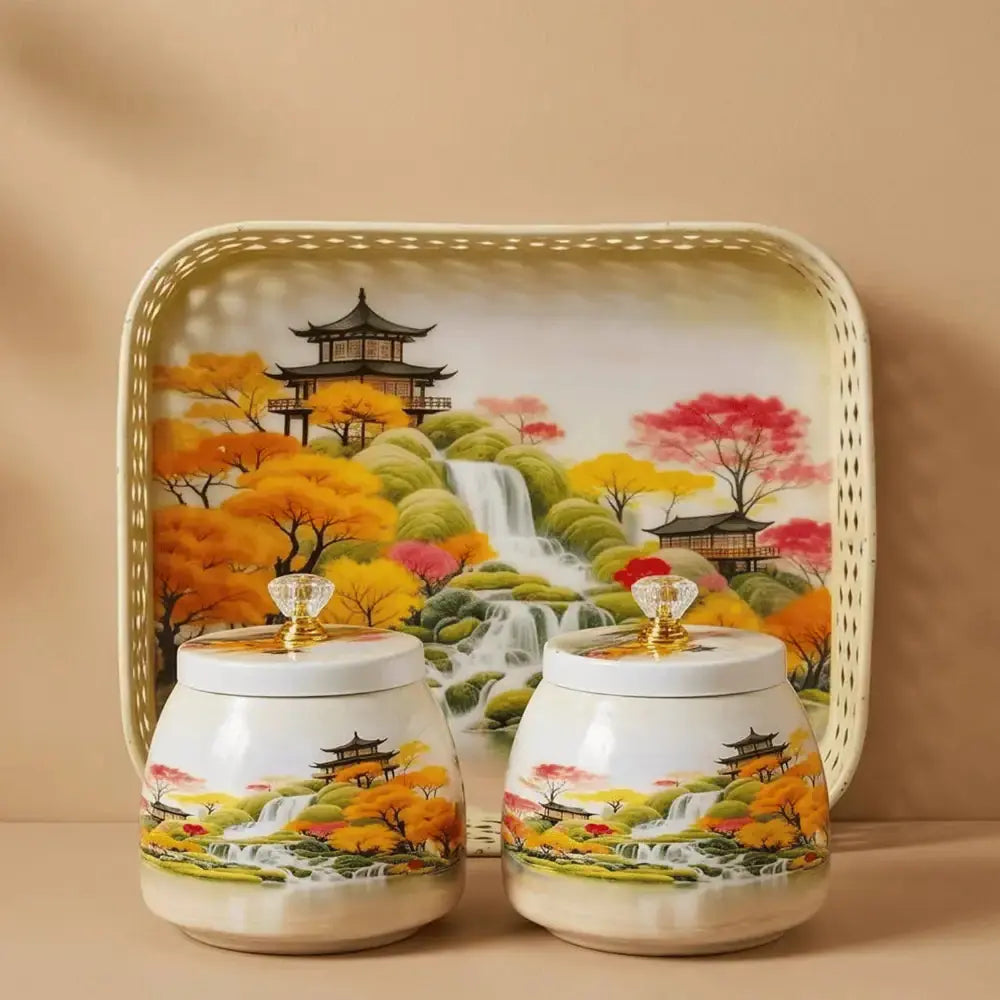 Decorative Floral Ceramic Jar Set with Gold Tray for Home Decor Mall on Moon