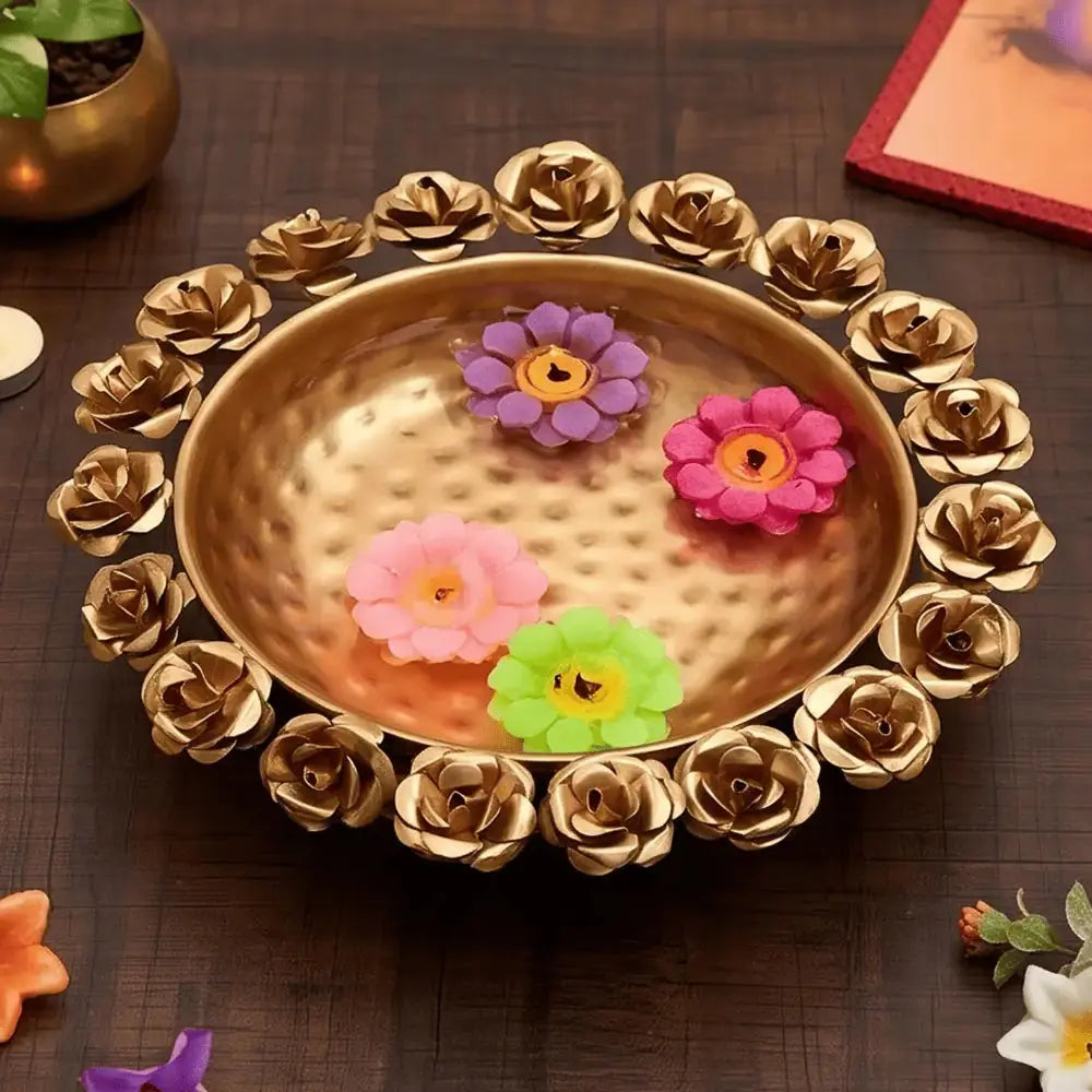Rose Metal Decorative Urli Bowl for Flowers & Floating Diyas Mall on Moon