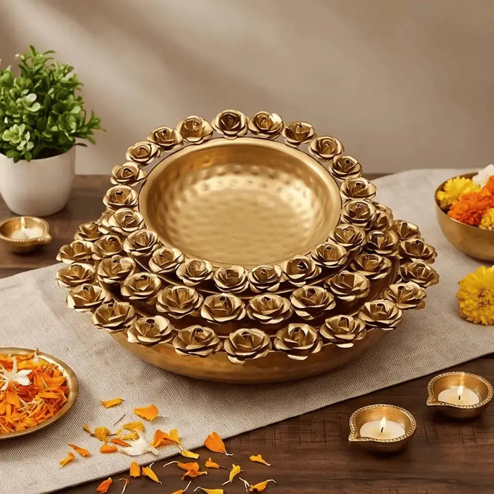 Rose Metal Decorative Urli Bowl for Flowers & Floating Diyas Mall on Moon