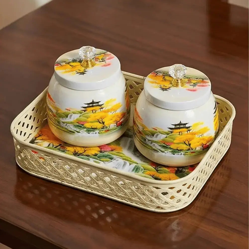 Decorative Floral Ceramic Jar Set with Gold Tray for Home Decor Mall on Moon