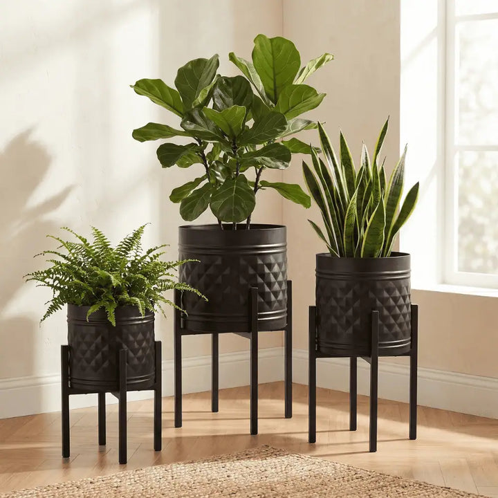 Black Geometric Metal Planter Set of 3 with 10 Inch Stands