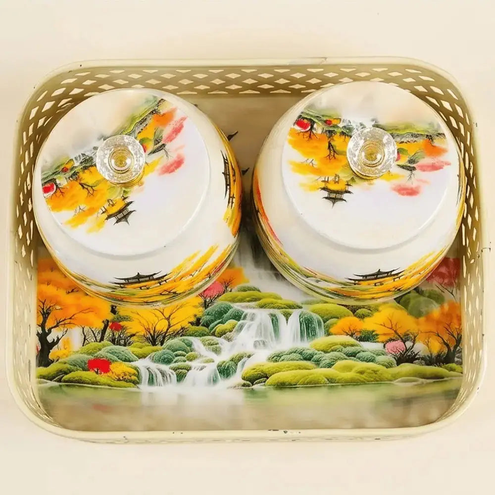 Decorative Floral Ceramic Jar Set with Gold Tray for Home Decor Mall on Moon