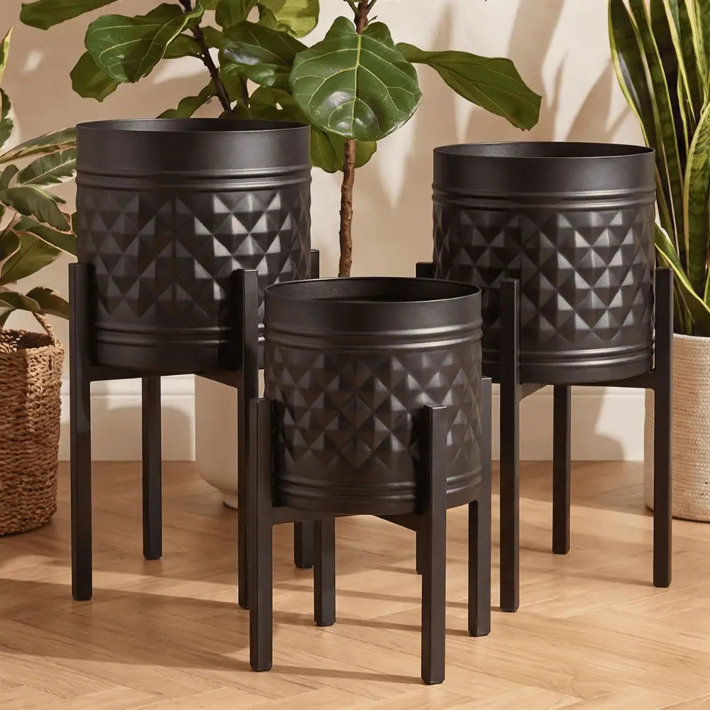 Black Geometric Metal Planter Set of 3 with 10 Inch Stands