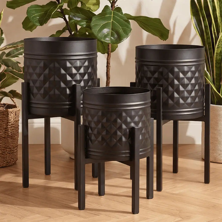 Black Geometric Metal Planter Set of 3 with 10 Inch Stands