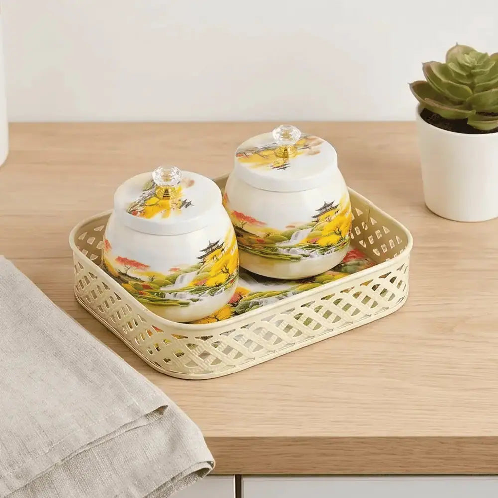 Decorative Floral Ceramic Jar Set with Gold Tray for Home Decor Mall on Moon