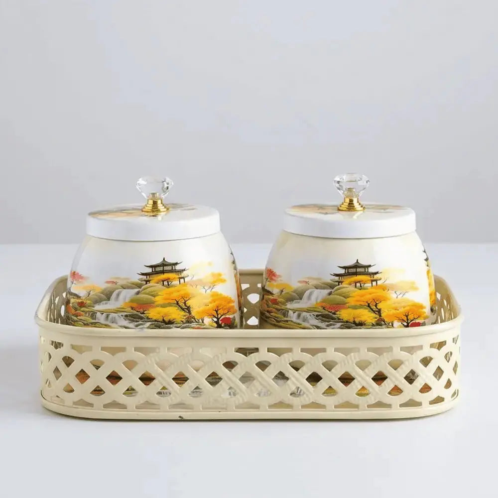 Decorative Floral Ceramic Jar Set with Gold Tray for Home Decor Mall on Moon
