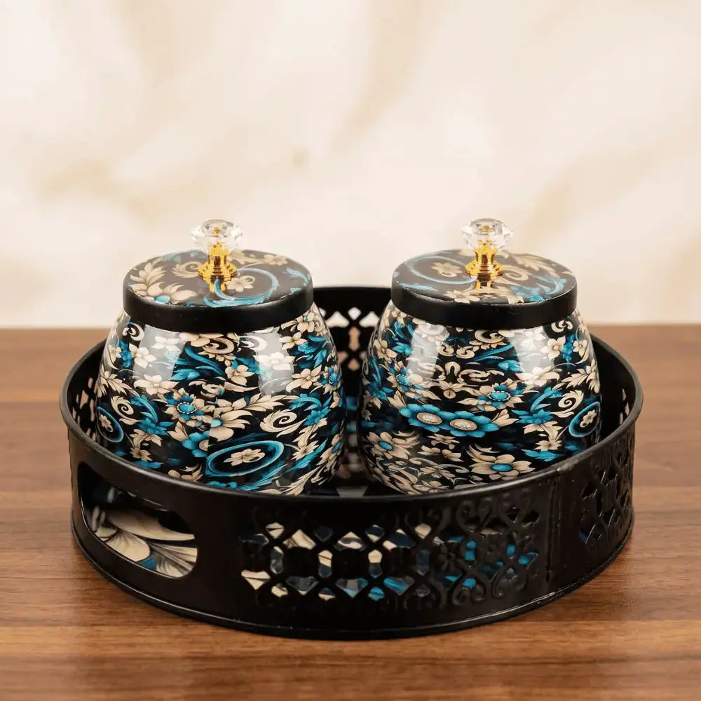 Blue Floral Decorative Jar Set with Black Metal Tray for Home Decor Mall on Moon