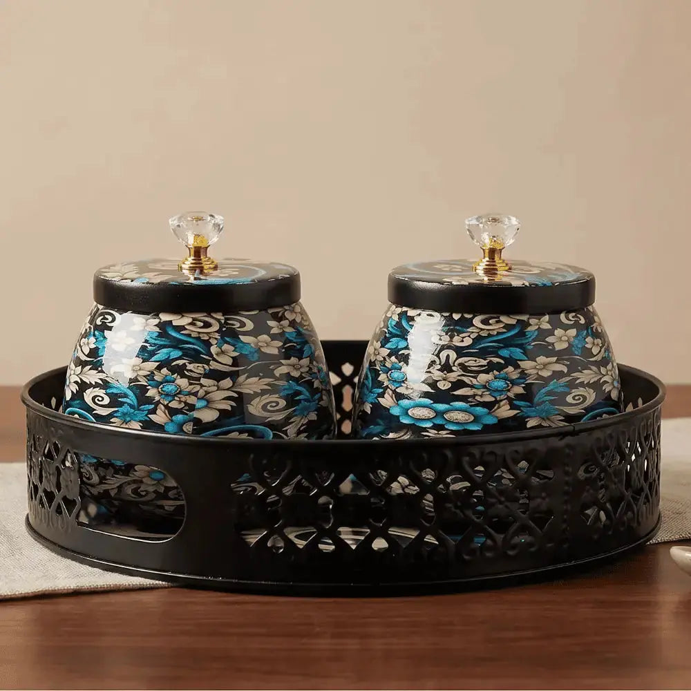 Blue Floral Decorative Jar Set with Black Metal Tray for Home Decor Mall on Moon