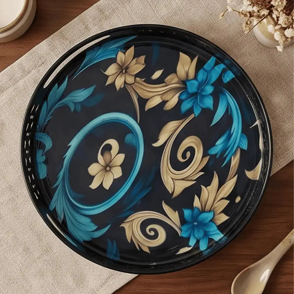 Blue Floral Decorative Jar Set with Black Metal Tray for Home Decor Mall on Moon