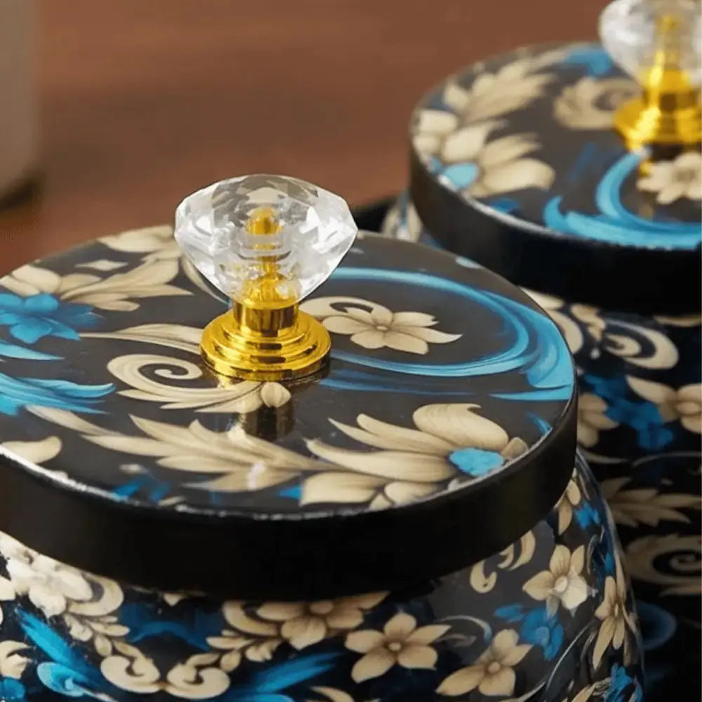 Blue Floral Decorative Jar Set with Black Metal Tray for Home Decor Mall on Moon