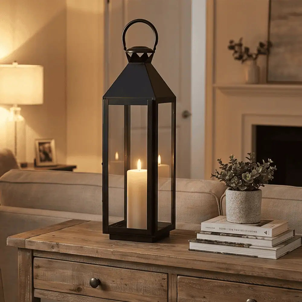 Noir Grande Black Glass Metal Lantern