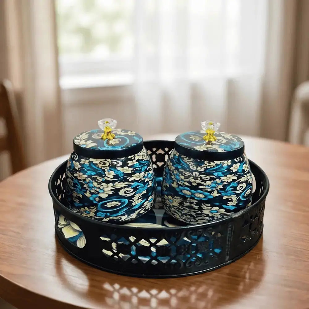 Blue Floral Decorative Jar Set with Black Metal Tray for Home Decor Mall on Moon