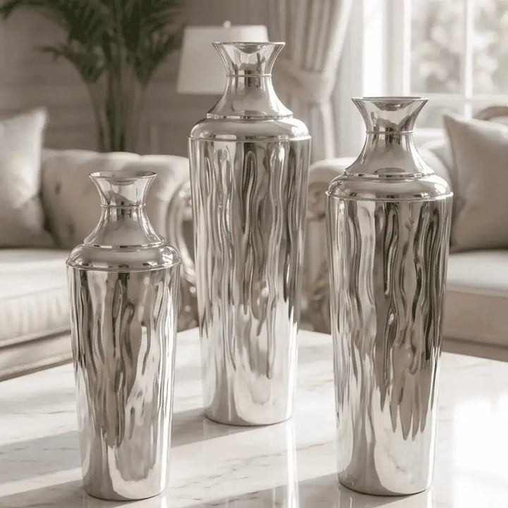 Silver Metallic Decorative Flower Vase Set of 3 Mall on Moon