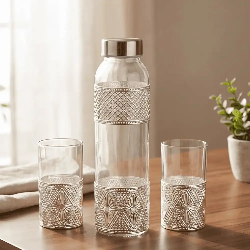 Luxury Silver Moroccan Glass Bottle & Tumbler Set with Velvet Gift Box Mall on Moon