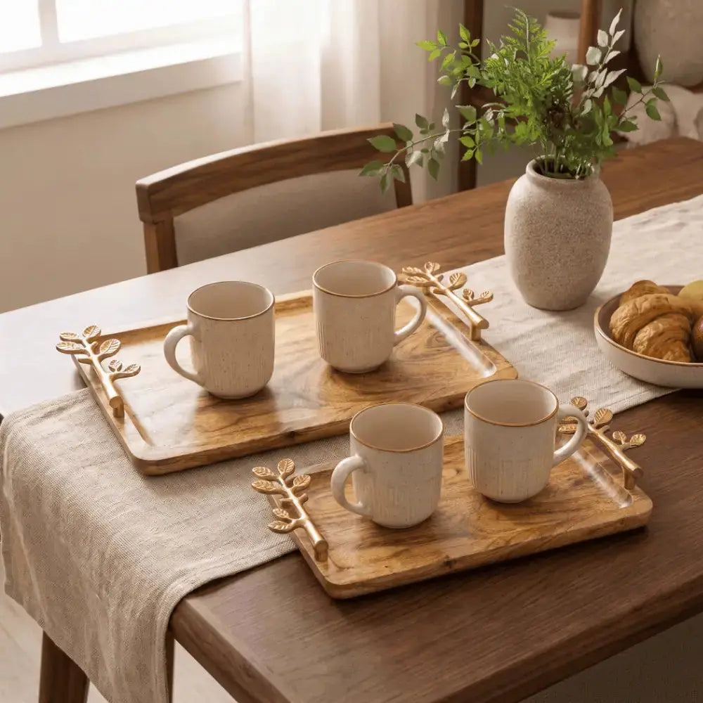 Wooden Serving Tray Set of 2 with Golden Leaf Handles Mall on Moon