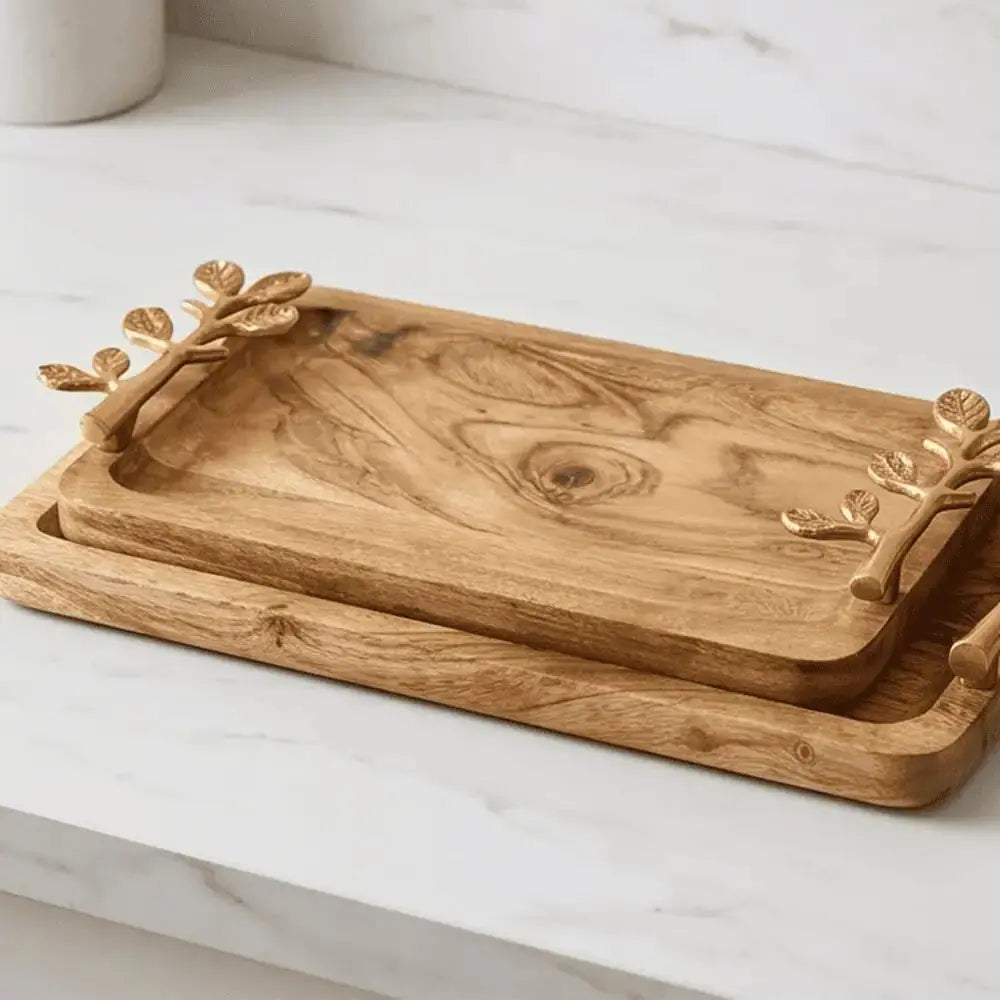 Wooden Serving Tray Set of 2 with Golden Leaf Handles Mall on Moon