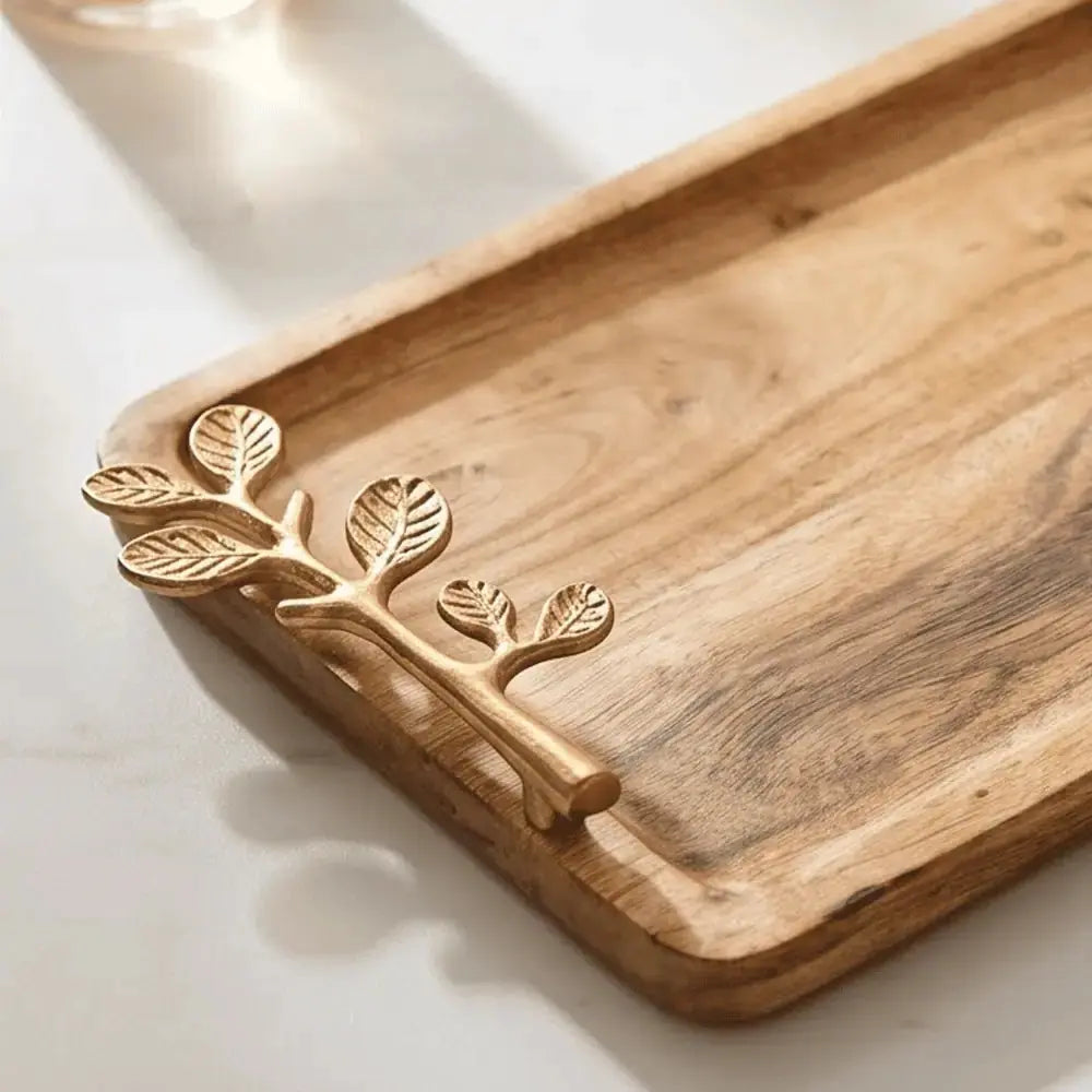 Wooden Serving Tray Set of 2 with Golden Leaf Handles Mall on Moon