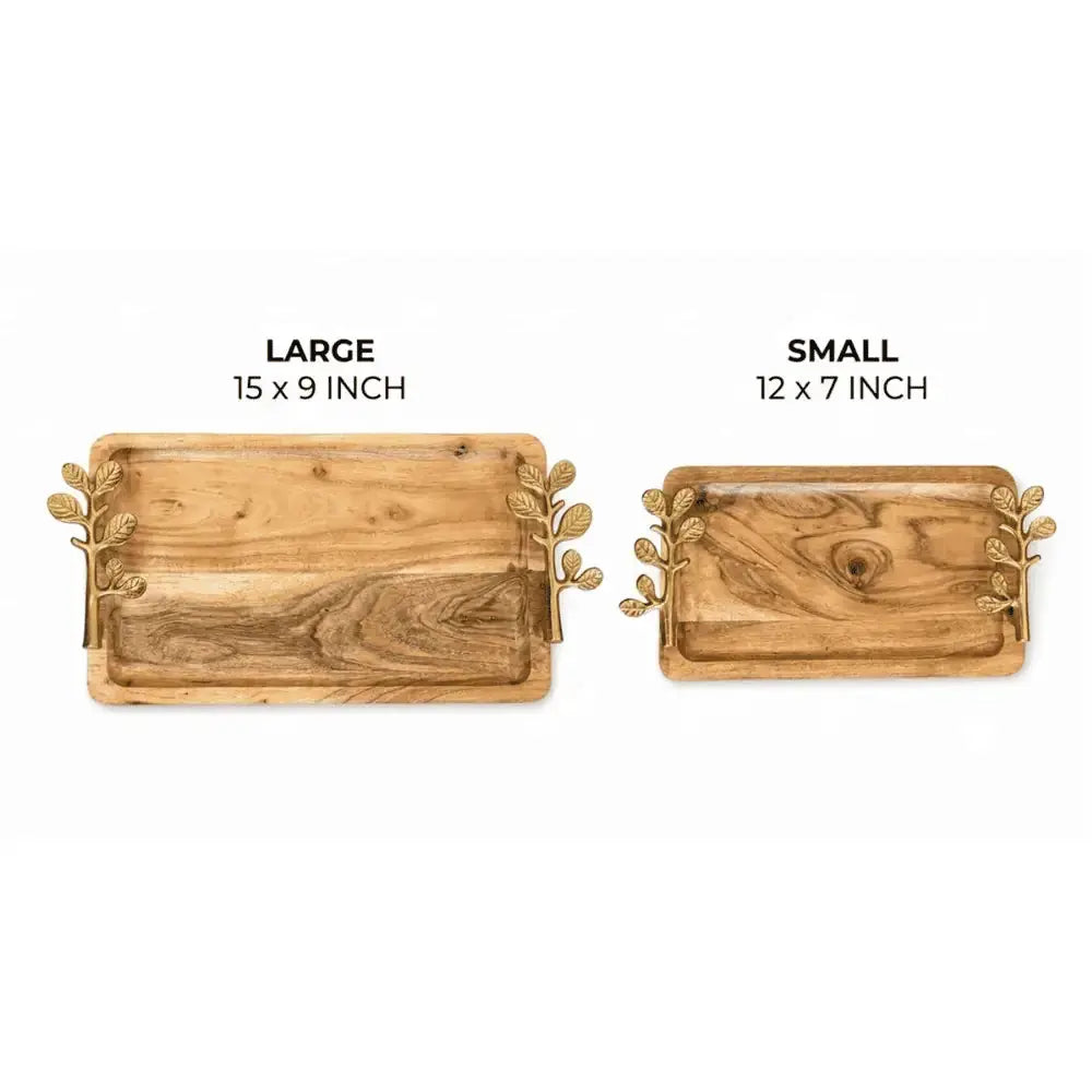 Wooden Serving Tray Set of 2 with Golden Leaf Handles Mall on Moon