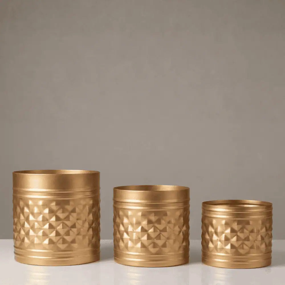 Textured Golden Metal Planter Set of 3 for Home & Indoor Decor