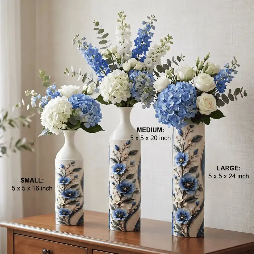 Blue Floral Decorative Flower Vase Set of 3 for Home Decor Mall on Moon