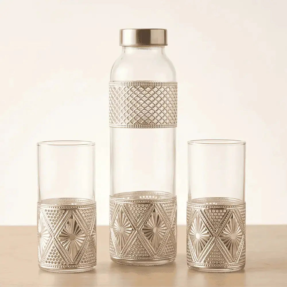 Luxury Silver Moroccan Glass Bottle & Tumbler Set with Velvet Gift Box Mall on Moon