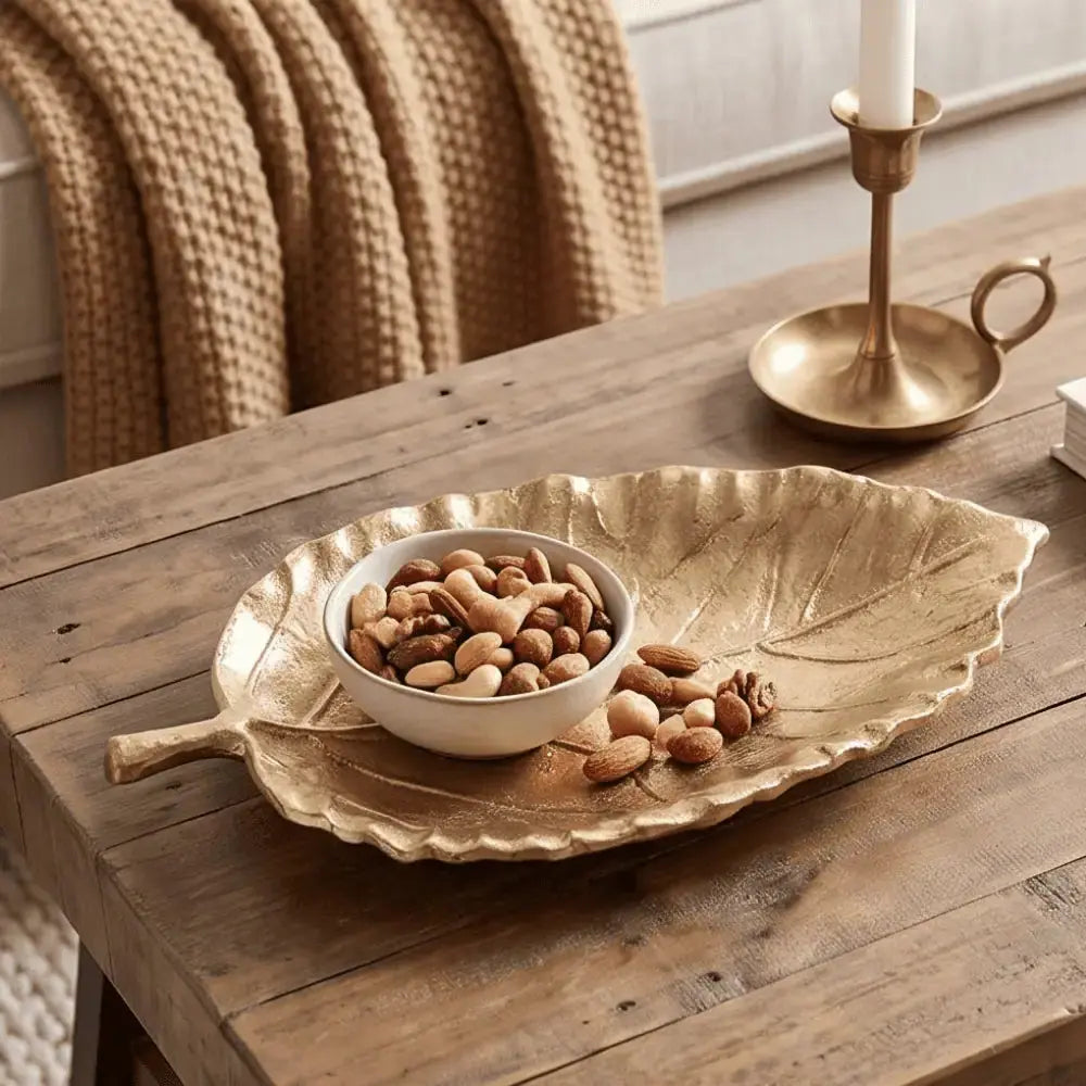 Golden Leaf Shaped Decorative Serving Tray for Home & Table Decor Mall on Moon