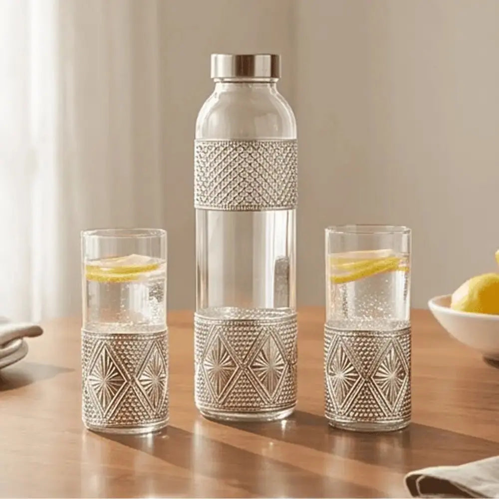 Luxury Silver Moroccan Glass Bottle & Tumbler Set with Velvet Gift Box Mall on Moon